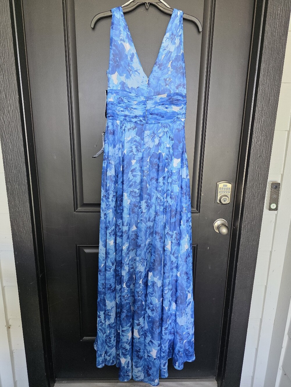 NWT Betsy & Adam Blue Floral Chiffon V Neck Pleated Maxi Gown Dress 6 $259 - Picture 11 of 15
